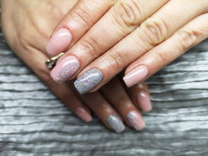 dipt dedication with twin, french nails with silver sparkle nail dip powder