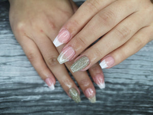 dipt carpe diem, in omnia paritas, and ba, dipt french manicure with sparkles, dip nail powder french manicure